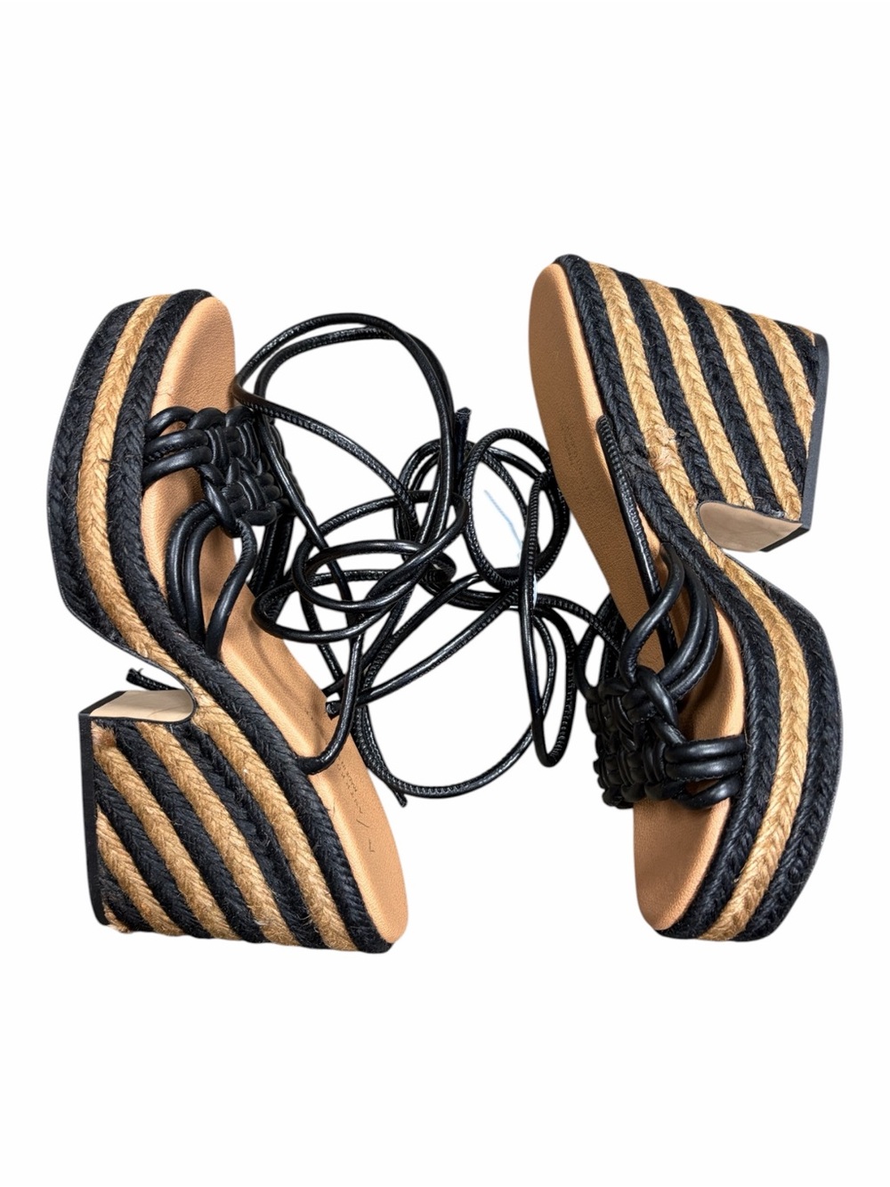 Anthropologie Striped Espadrille Wedge Sandals Black Tan Ankle Wrap Spain 39/8.5